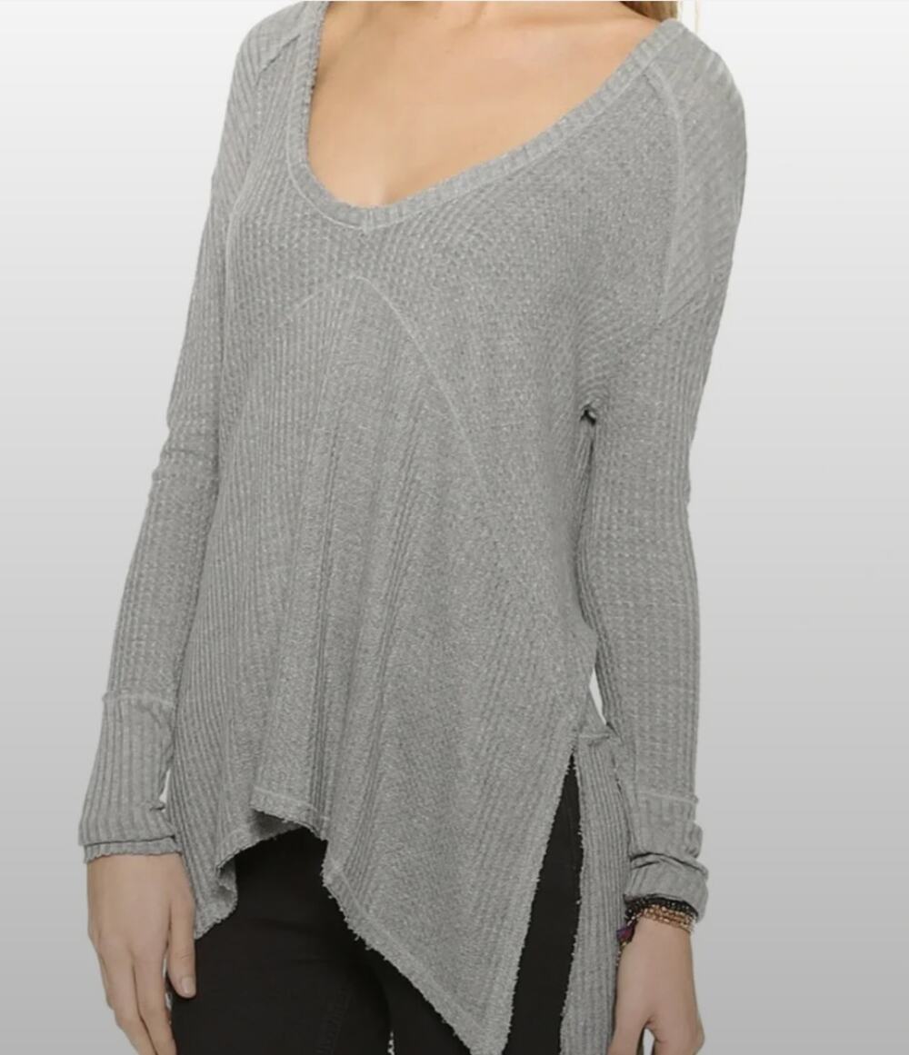 Free People Grey Thermal Long Sleeve Cozy Oversized Pullover Top Medium